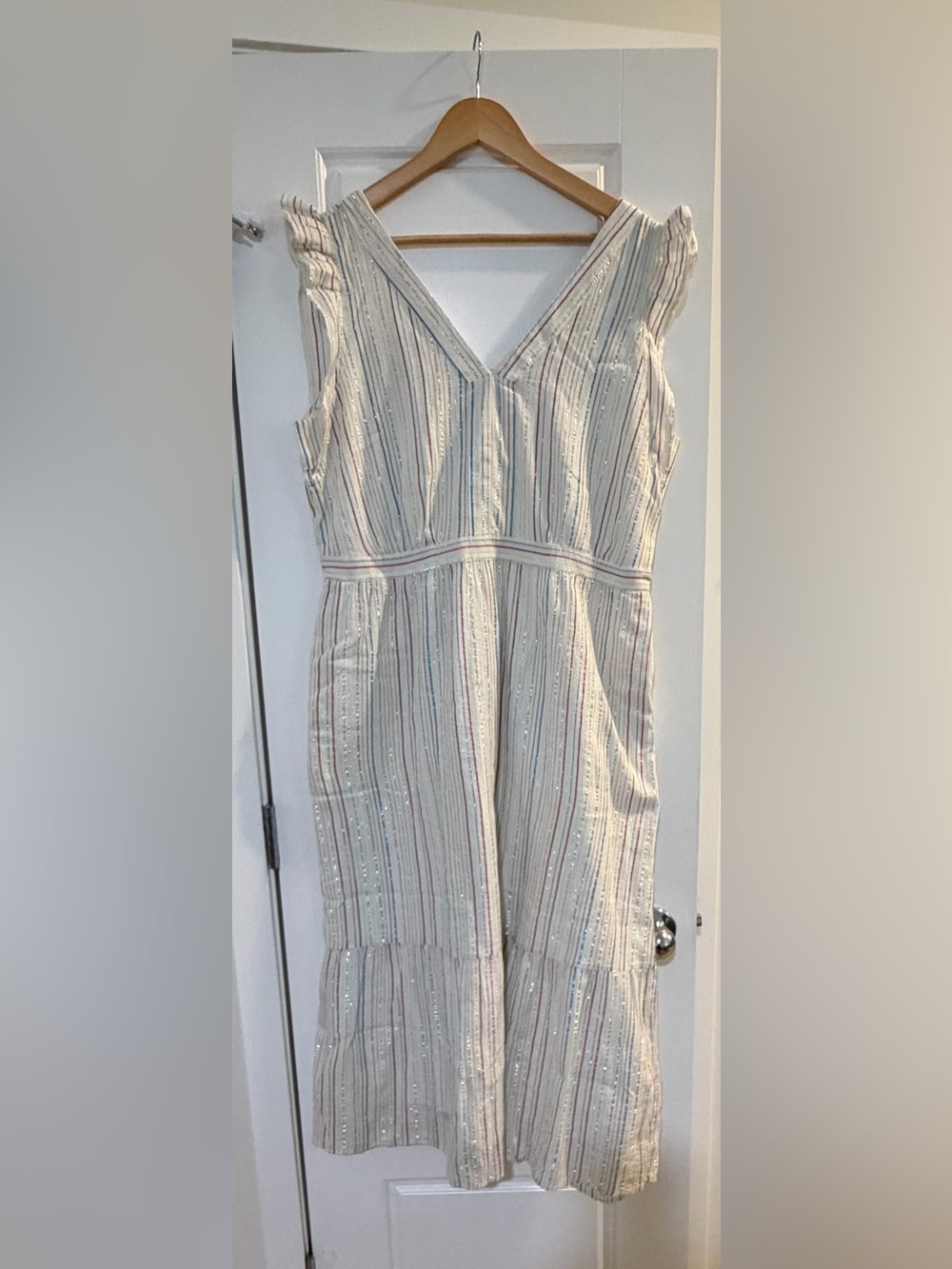 LOFT Size 14 White Metallic Stripe V-Neck Midi Dress NWT